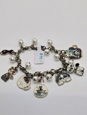Cat Charm Bracelet #2 Bronze Finnish With Enamel Charms Handmade